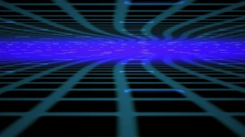 Abstract Digital Grid Tunnel with Pulsing Neon Blue Light Waves. Stock Footage 340503456