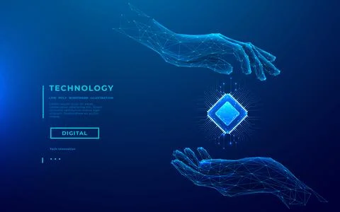 Abstract digital hands holding 3D semiconductor AI chip hologram Illustrazione stock