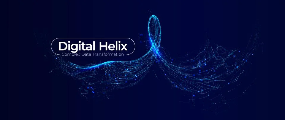 Abstract digital helix with glowing blue particle wave, complex data 스톡 일러스트