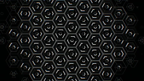Abstract Digital Hexagon Icons Drawing on Black Background Filling the Screen Stock-Footage 101976016