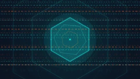 Abstract Digital HUD Interface with Glowing Hexagon and Scrolling Binary Code Stock Footage 336778058