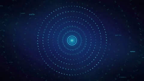 Abstract Digital HUD Interface with Glowing Blue Concentric Circles and Data Stock Footage 339325038