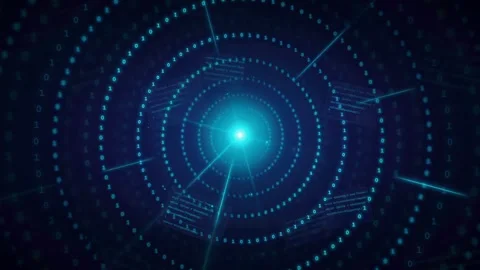 Abstract Digital HUD Interface with Glowing Blue Concentric Circles and Binary Stock Footage 339325683