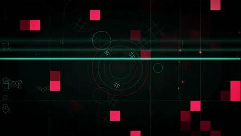 Abstract Digital HUD Interface with Red Geometric Squares and Circular Data Stock Footage 339316423