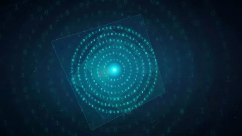 Abstract Digital HUD Interface with Rotating Binary Code Circles on Dark Blue Stock Footage 339320534