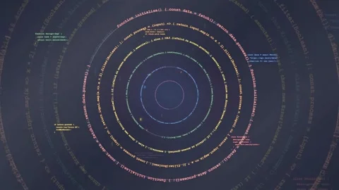 Abstract Digital HUD Interface with Rotating Circular Code and Data Processing Stock Footage 339951977