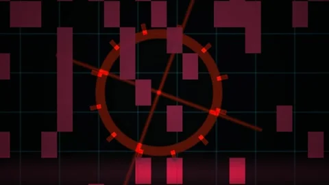 Abstract Digital HUD Interface with Rotating Red Circular Target and Data Gri Stock Footage 340504174