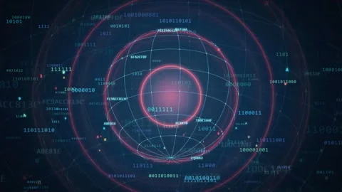 Abstract Digital HUD Interface with Rotating Data Circles and Binary Code on Stock-Footage 343161358