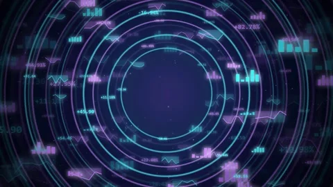 Abstract Digital HUD Interface with Rotating Data Circles and Financial Stock Footage 343442849