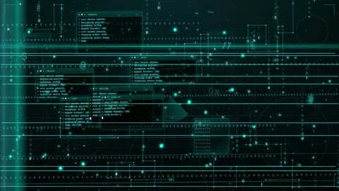 Abstract Digital HUD Interface with Scrolling Data and Technical Code on Dark Stock Footage 346210215