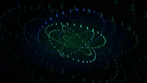 Abstract Digital Human Brain Formed by Glowing Binary Code Particles on Dark Stock-Footage 339324068
