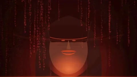 Abstract Digital Human Face Silhouette with Falling Red Matrix Code and 動画素材 341829154