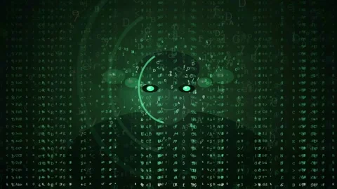 Abstract digital human face silhouette formed by green binary code on a dark Stock-Footage 343152982