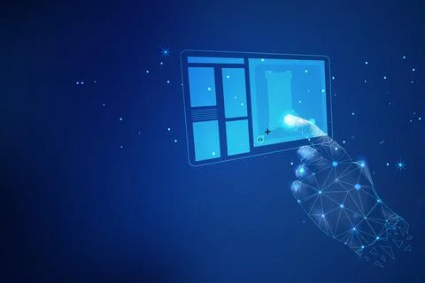 Abstract digital human hand touching on hypothetical screen for selecting s.. Stock Illustration