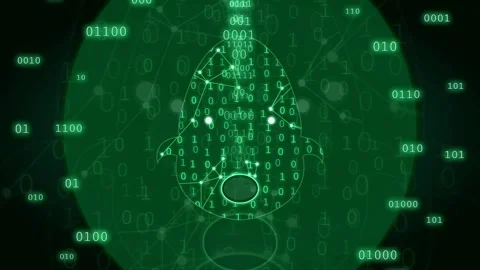 Abstract Digital Human Head Silhouette with Flowing Green Binary Code and Data Stock-Footage 343159487