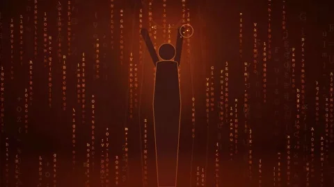 Abstract Digital Human Silhouette Interacting with Falling Binary Code Data Stock-Footage 343163736