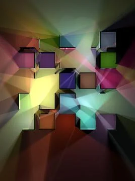 Abstract digital illustration of an array of cube shapes, colorful lights, an Stock Illustration
