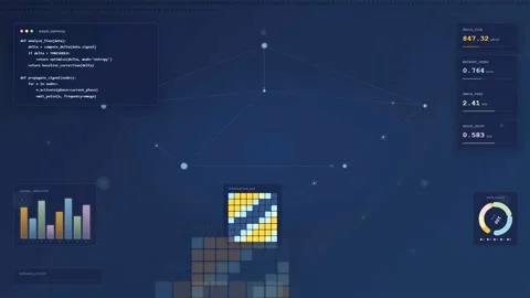 Abstract Digital Interface with Animated Data Charts and Coding Scripts on Dark Stock-Footage 340025947