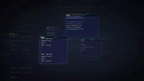 Abstract Digital Interface with Floating Code Windows and Scrolling Programming Stock Footage 336772705