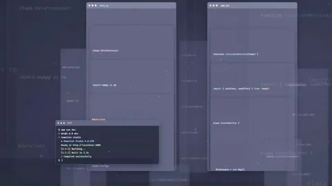 Abstract Digital Interface with Floating Code Windows and Programming Scripts Stock Footage 339976297