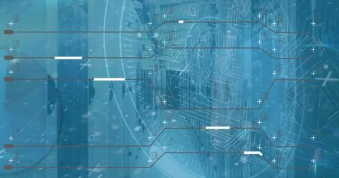 Abstract digital interface floating in virtual dashboard, with circuit traces, Stock Photos