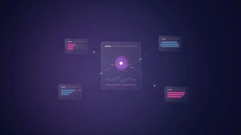 Abstract Digital Interface with Glowing Nodes and Data Panels Stock Footage 345102709