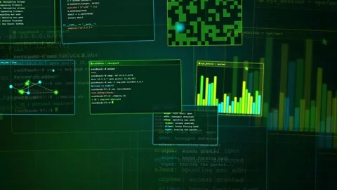 Abstract Digital Interface with Scrolling Code Green Data Visualization and Stock Footage 341829796