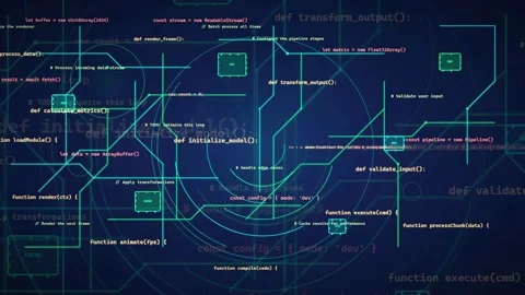 Abstract Digital Interface with Scrolling Computer Code and Glowing Blue Data Stock Footage 339955846