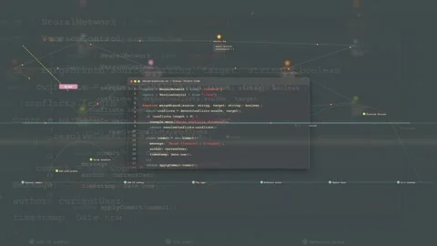 Abstract Digital Interface with Scrolling Computer Code and Neural Network Data Stock Footage 339970982