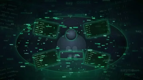 Abstract Digital Interface with Scrolling Green Code and Futuristic Data Stock Footage 341834219