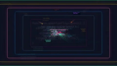 Abstract Digital Interface with Scrolling Programming Code and Glowing Data Stock Footage 339951768