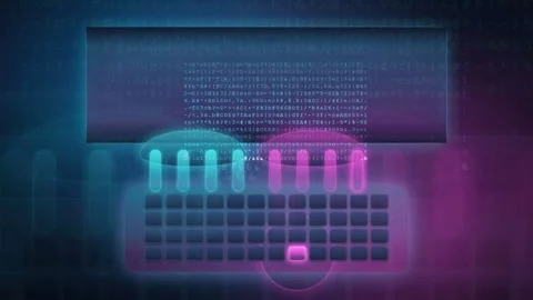 Abstract digital keyboard with flowing binary code and neon blue and pink light Stock Footage 341834145