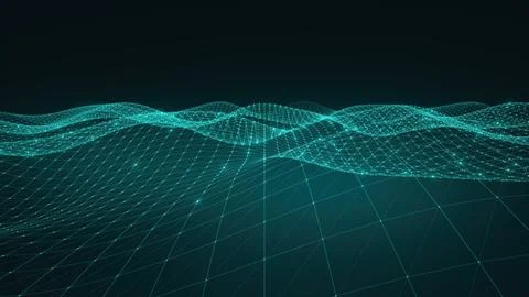 Abstract digital landscape with blue glowing mesh particles forming a smoot.. Stock Illustration
