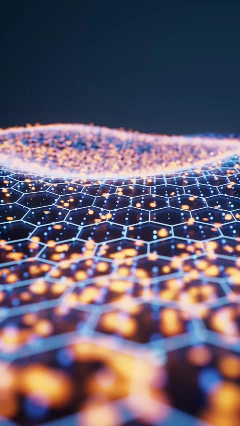 Abstract digital landscape with blue hexagonal grid and orange data particl.. Stock Footage 332315411