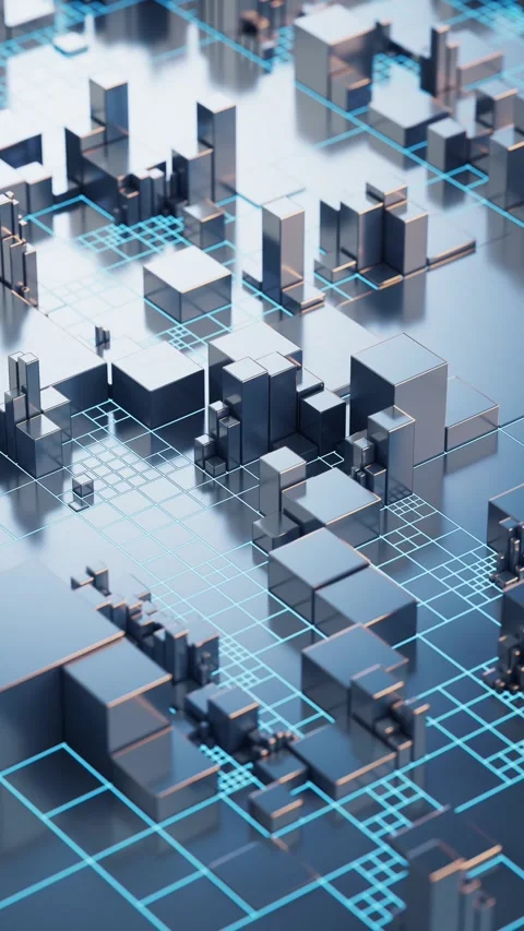 Abstract digital landscape of evolving metallic cubes and glowing blue grid.. Stock Footage 328335020