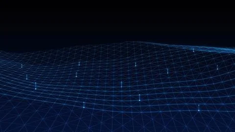 Abstract Digital Landscape Featuring Glowing Blue Mesh Lines Representing M.. Illustrazione stock