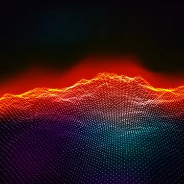 Abstract digital landscape with flowing particles and stars on h Stock Illustration