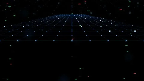 Abstract digital landscape with glowing blue grid lines and floating data Stock Footage 336775356