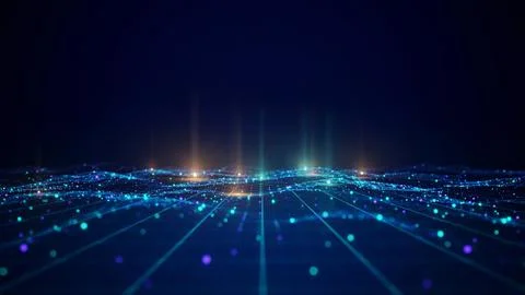 Abstract digital landscape with glowing blue light dots and grid lines on a.. Stock Illustration