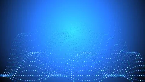 Abstract digital landscape of glowing blue and cyan light dots arranged in .. Illustrazione stock