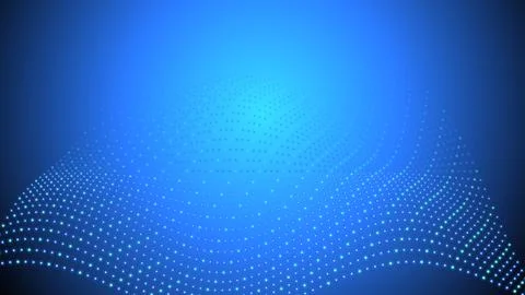 Abstract digital landscape of glowing blue and cyan dots, arranged in a wav.. Illustrazione stock
