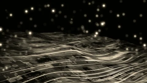 Abstract Digital Landscape With Glowing Data Waves And Floating Particles I.. Stock Footage 347148639