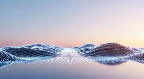 Abstract Digital Landscape with Glowing Data Waves Under Gradient Sunset Sky Stock Illustration