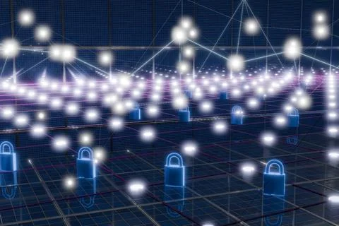 Abstract digital landscape with glowing nodes and locks Illustrazione stock