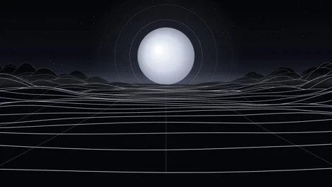 Abstract digital landscape with a glowing white moon against a dark backgro.. Stock Footage 346723621