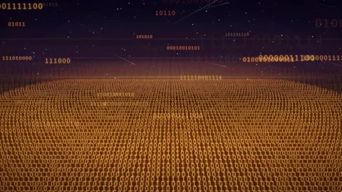 Abstract digital landscape of golden binary code flowing across a dark Stock-Footage 343155660
