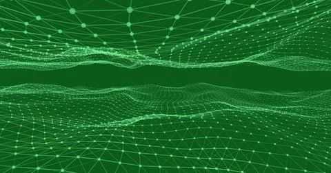 Abstract digital landscape with interconnected green lines and dots forming Stock Illustration