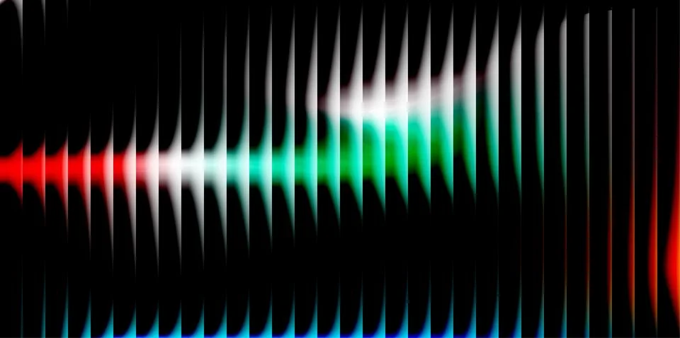 Abstract digital light spectrum with rhythmic vertical lines in red and cya.. Illustrazione stock
