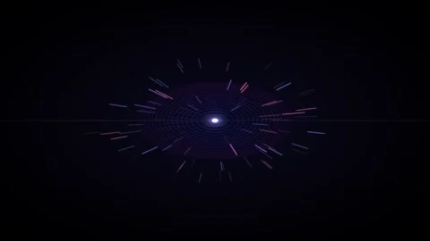 Abstract digital light streaks radiating from a central glowing white point Video stock 335117631