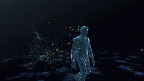 Abstract digital man walks in digital space generating a cloud of color data Stock Footage 115432368